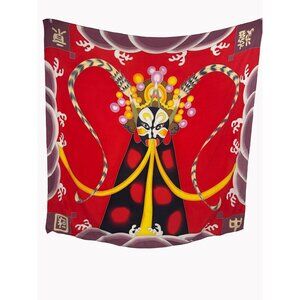 Vintage Chinese Opera Mask 100% Silk Scarf 42” Square Red Multicolor